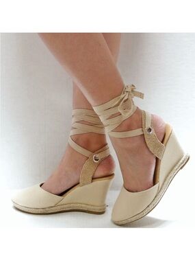Top Moda Women’s Cream Espadrille Wedge Sandals with Ankle Wrap